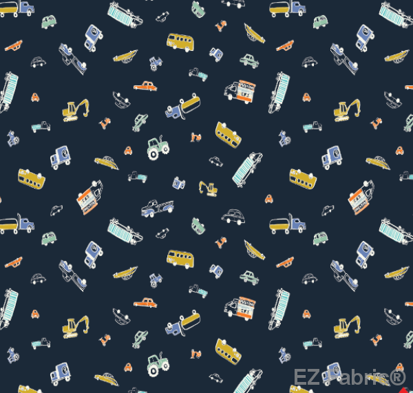 On The Road motor vehicles print minky fabric in Navy, close-up