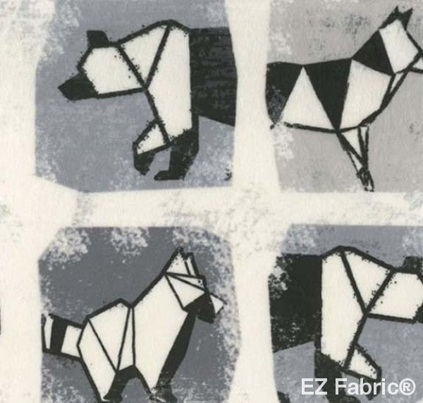Origami Forest black geometric animal minky fabric, swatch