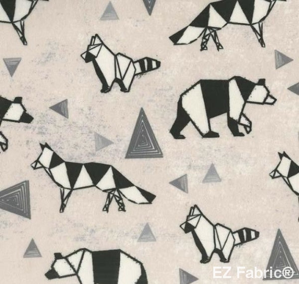 Origami Forest black wild print minky fabric, detail