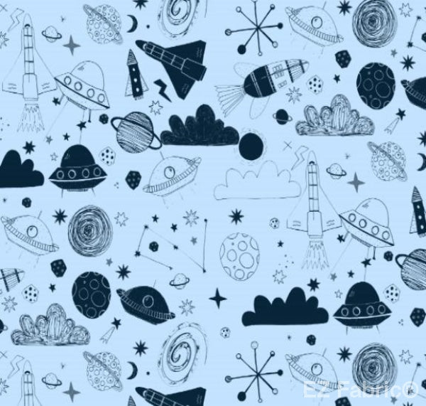 Out Of This World space print minky fabric in Navy, swatch