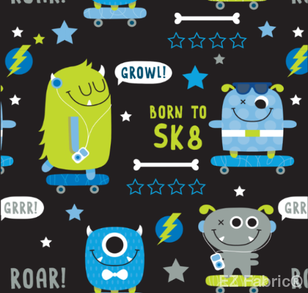 SK8 Monster black printed minky fabric, swatch