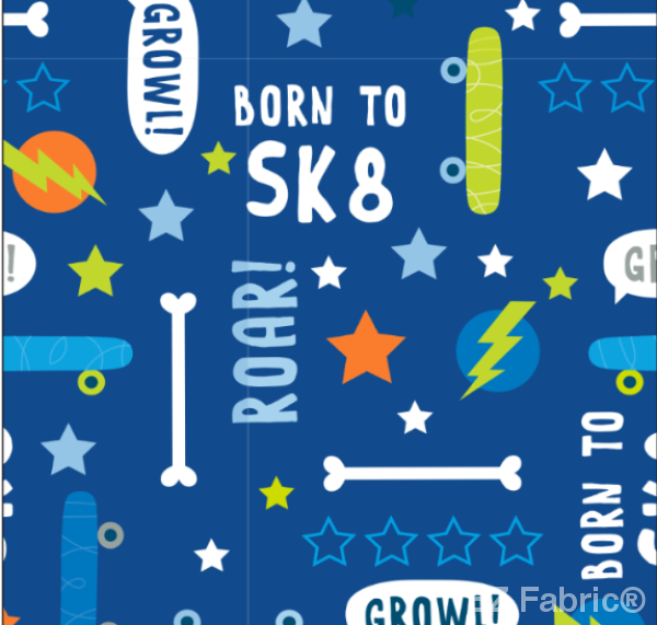 SK8 Monster blue skater minky fabric, close-up