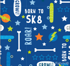 SK8 Monster blue skater minky fabric, close-up