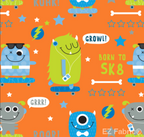SK8 Monster orange printed minky fabric, swatch