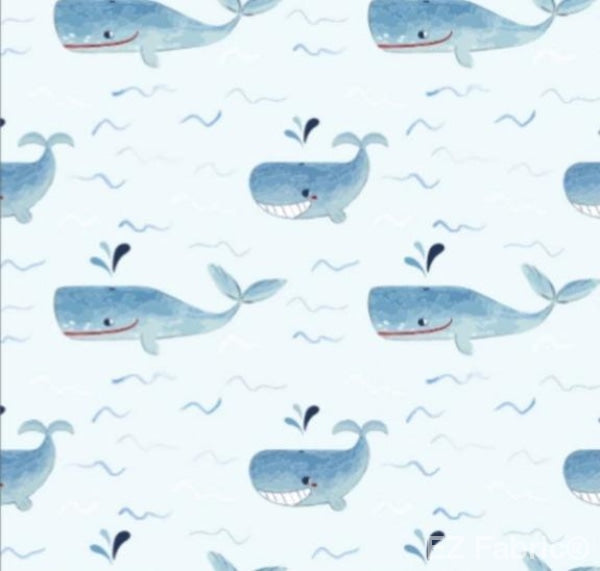 Whales nautical minky fabric, whales light blue print