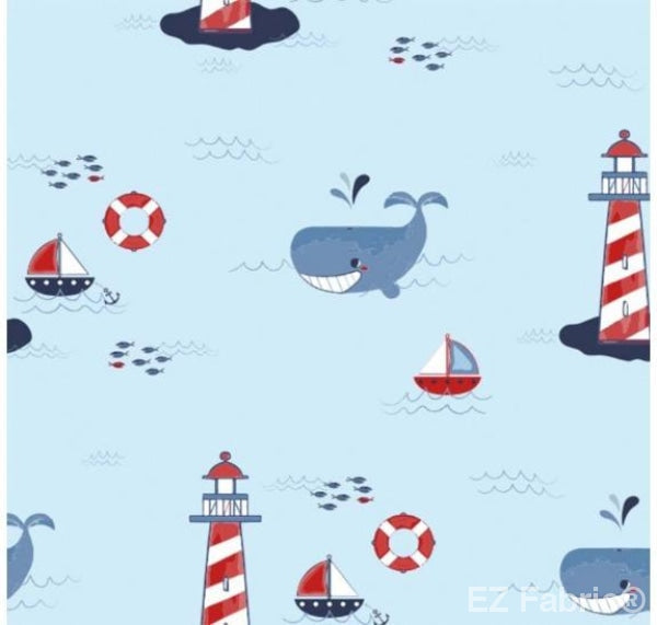 Whales nautical minky fabric, lighthouse light blue swatch
