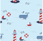 Whales nautical minky fabric, lighthouse light blue swatch