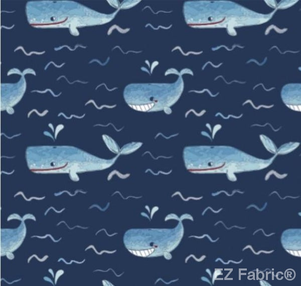 Whales nautical minky fabric, whales navy print