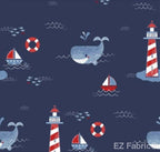 Whales nautical minky fabric, lighthouse navy close-up