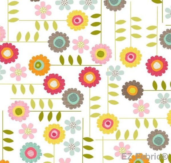 Garden Flowers White Print Minky By EZ Fabric 