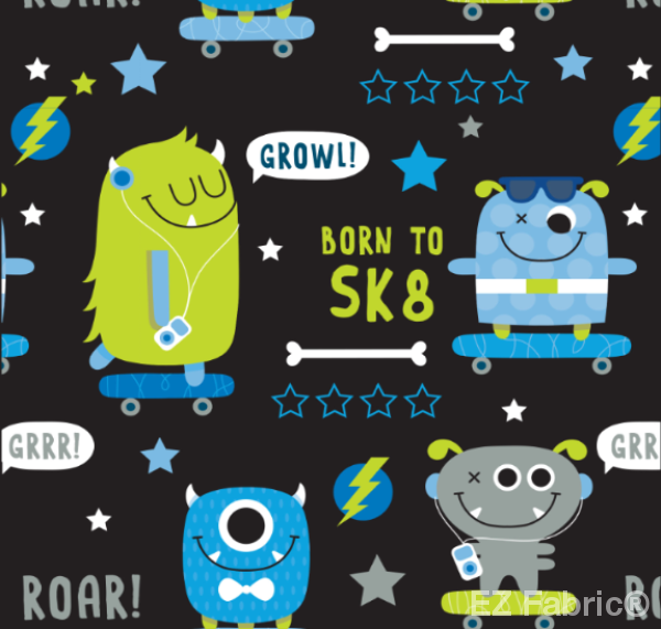 sk8 Monster Black  Print on Minky by EZ Fabric 