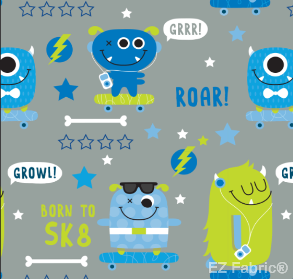 sk8 Monster Gray  Print on Minky by EZ Fabric 