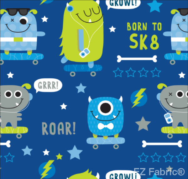 sk8 Monster Blue  Print on Minky by EZ Fabric 